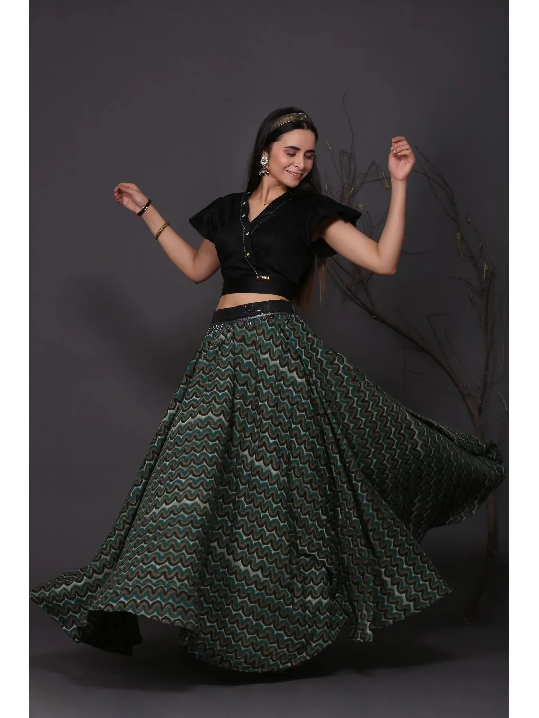 Green Printed Skirt With Black Tie-Top