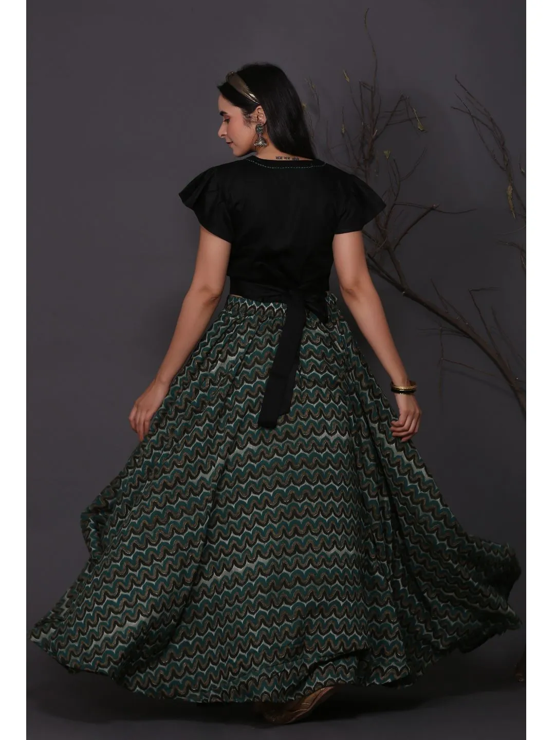 Green Printed Skirt With Black Tie-Top