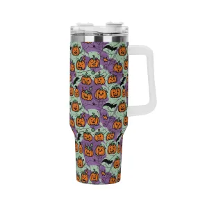 Green Purple Pumpkins 40oz Stainless Steel Tumbler Gift With White Handle and Straw
