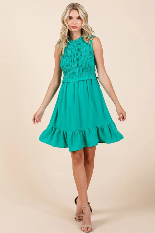 Green Sleeveless Smocked Ruffle Hem Shirred Mini Dress