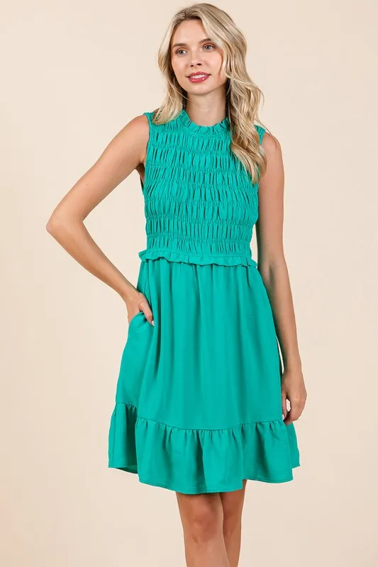 Green Sleeveless Smocked Ruffle Hem Shirred Mini Dress