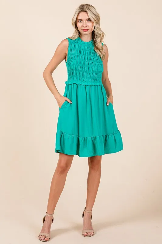 Green Sleeveless Smocked Ruffle Hem Shirred Mini Dress