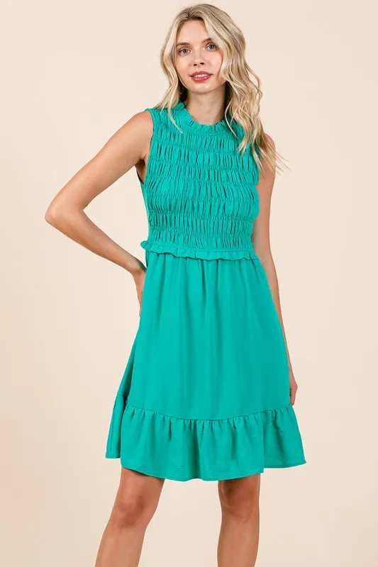 Green Sleeveless Smocked Ruffle Hem Shirred Mini Dress