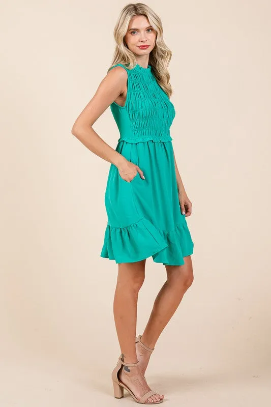 Green Sleeveless Smocked Ruffle Hem Shirred Mini Dress