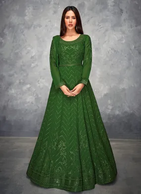 Green Thread And Sequence Embroidered Anarkali Suit