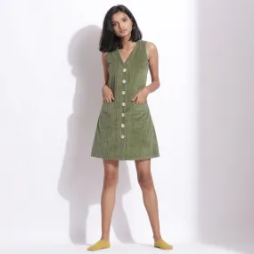 Green Warm Cotton Corduroy Sleeveless Short Dress