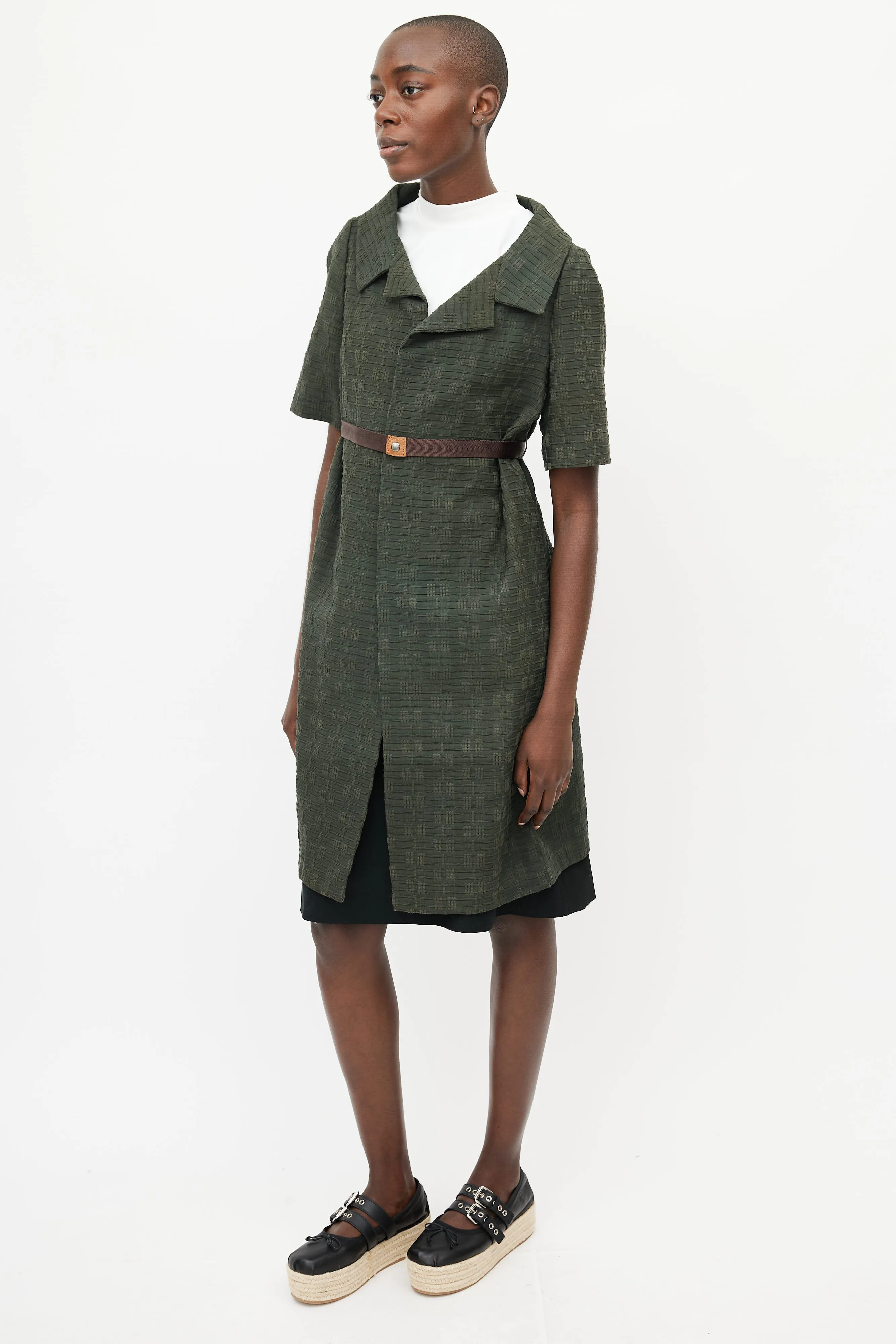 Green Woven Belted Coat