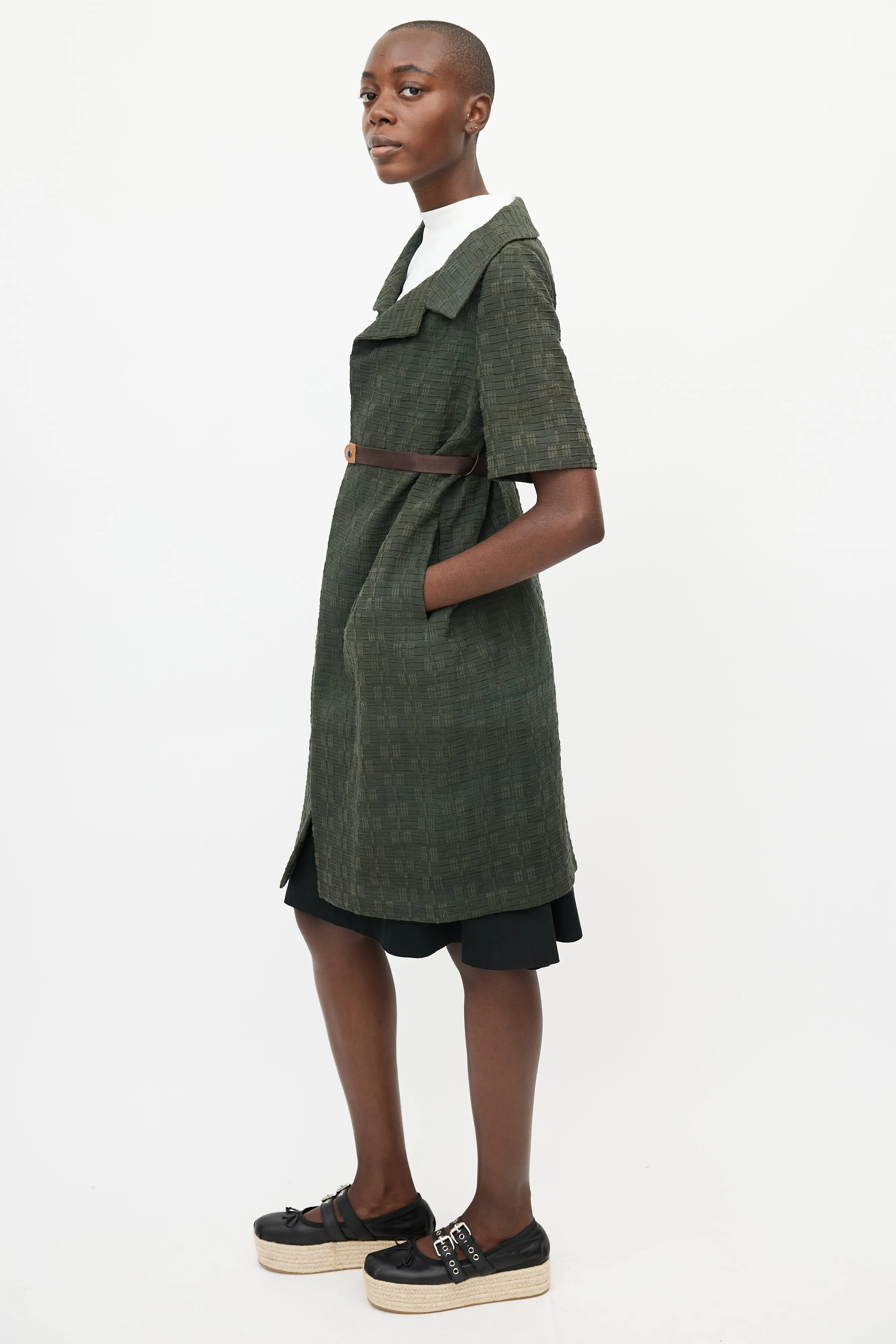 Green Woven Belted Coat