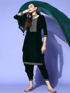 Green Yoke Design Velvet Straight Kurta With Dhoti Pant & Dupatta