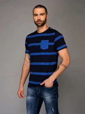 Greenfibre Blue Striped Slim Fit Round Neck T-Shirt