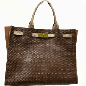 Greta XL. Brown woven and gold leather tote bag