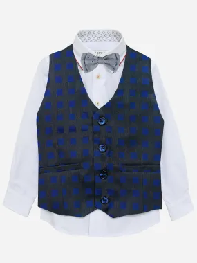 Grey & Blue Square Patterned Suit Vest With Bow