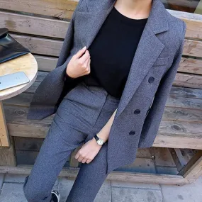 Grey Blazer Jacket & Zipper Trousers Suit Set