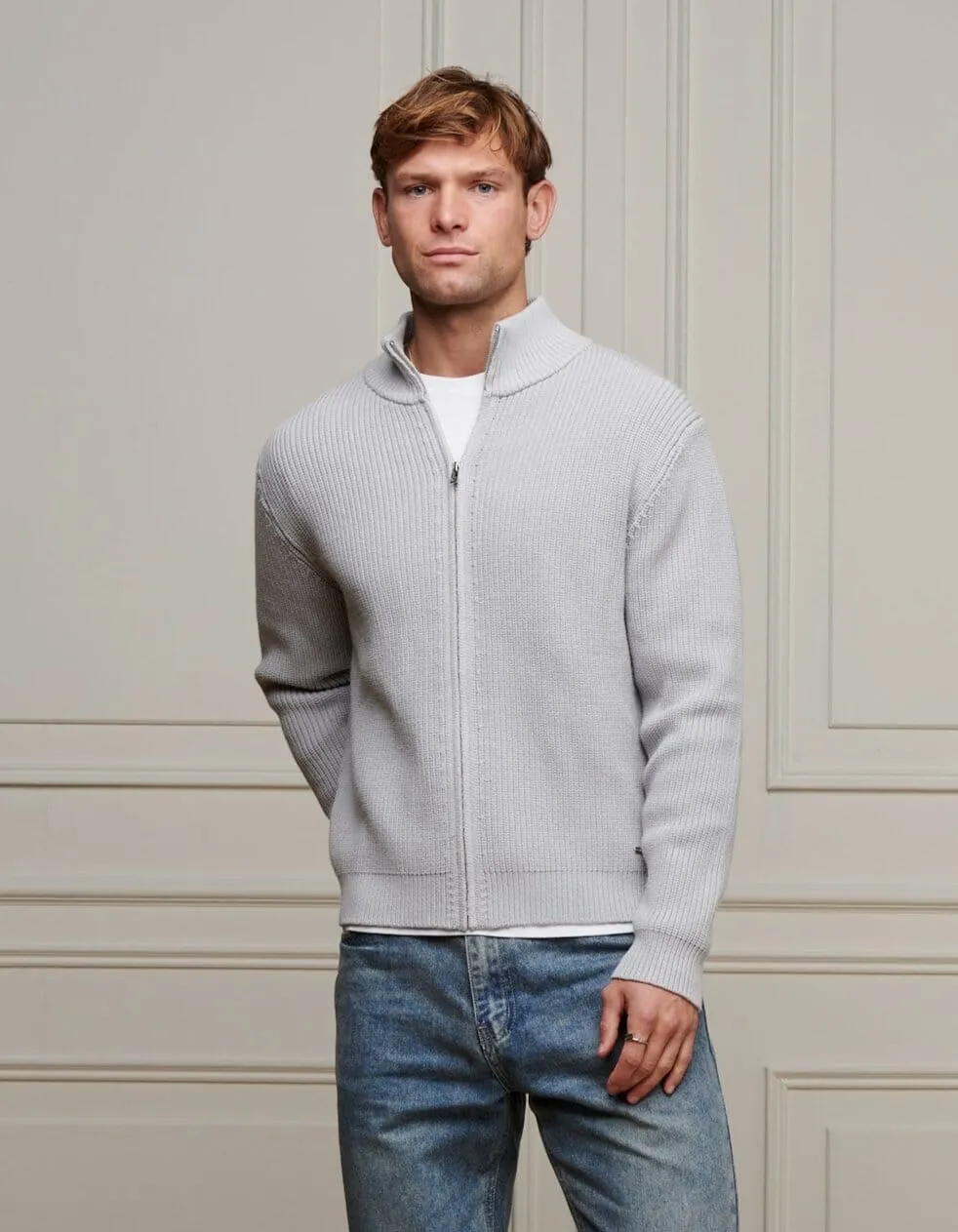 Grey Chunky Rib Knit Zip Up Cardigan