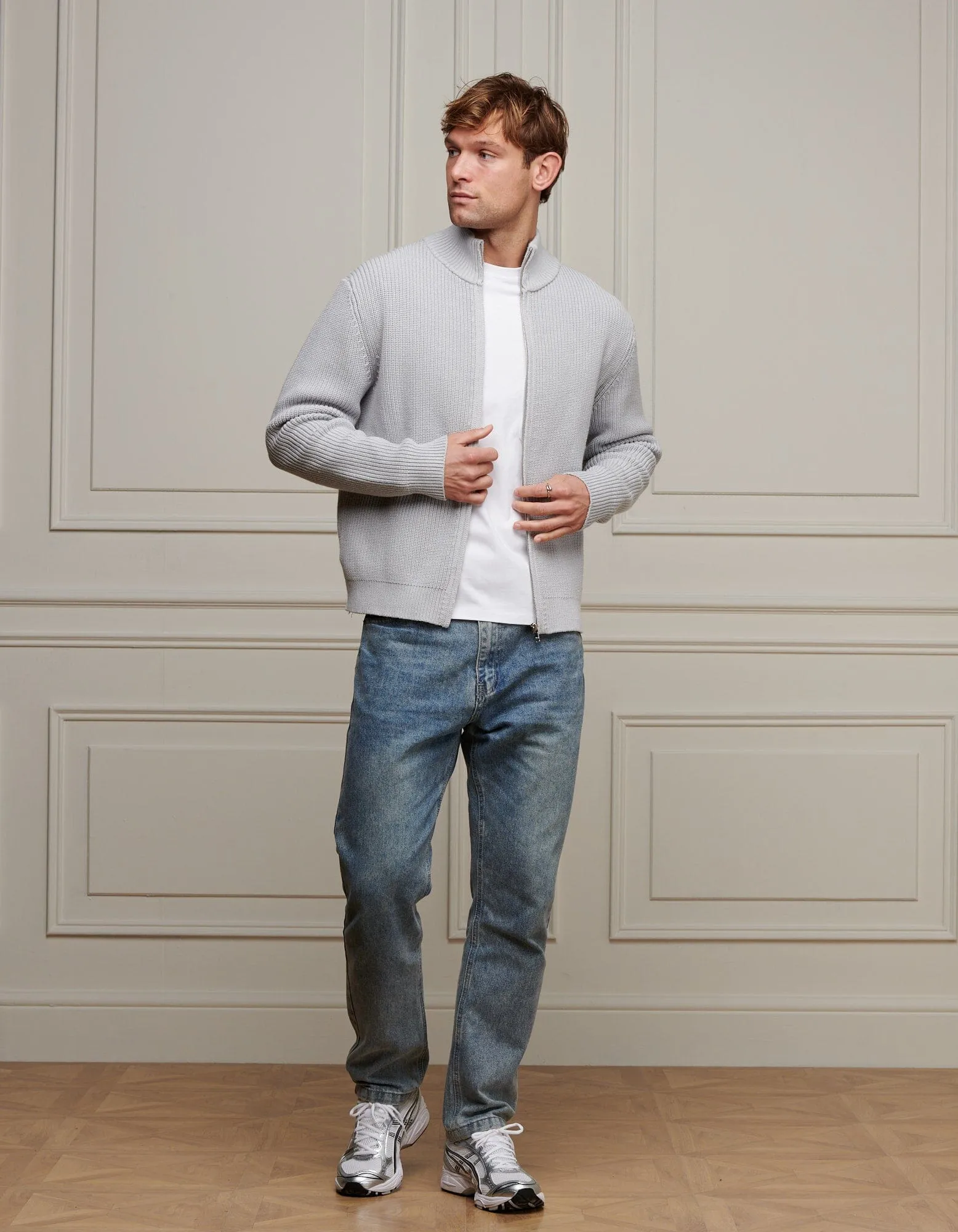 Grey Chunky Rib Knit Zip Up Cardigan