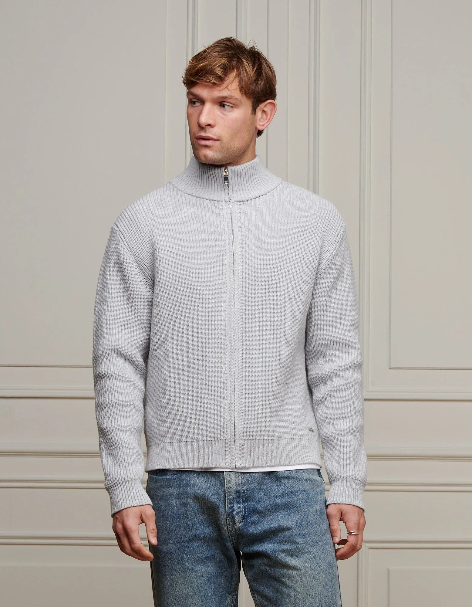 Grey Chunky Rib Knit Zip Up Cardigan