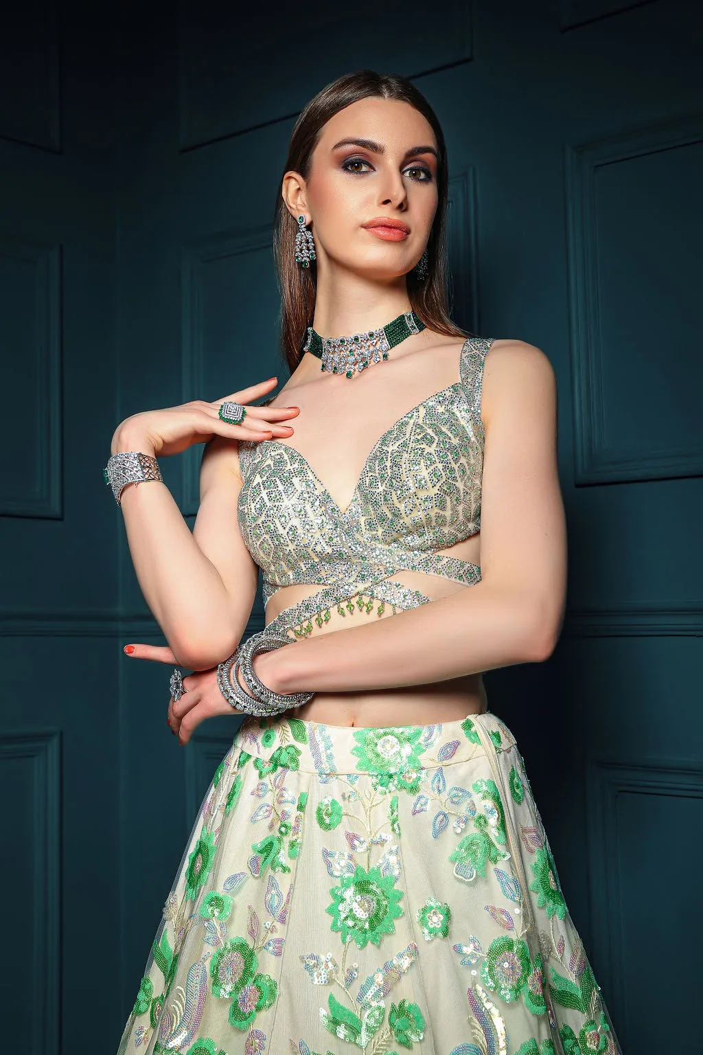 Grey embroidered top with skirt