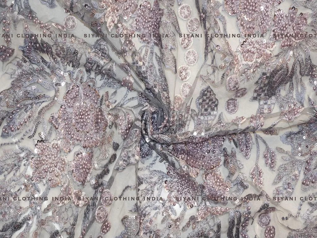 Grey Hand Embroidered Net Fabric
