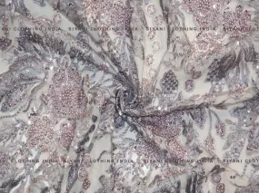 Grey Hand Embroidered Net Fabric