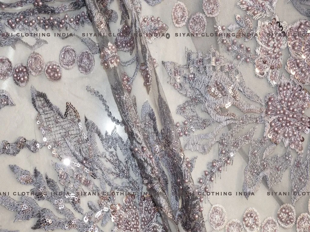 Grey Hand Embroidered Net Fabric