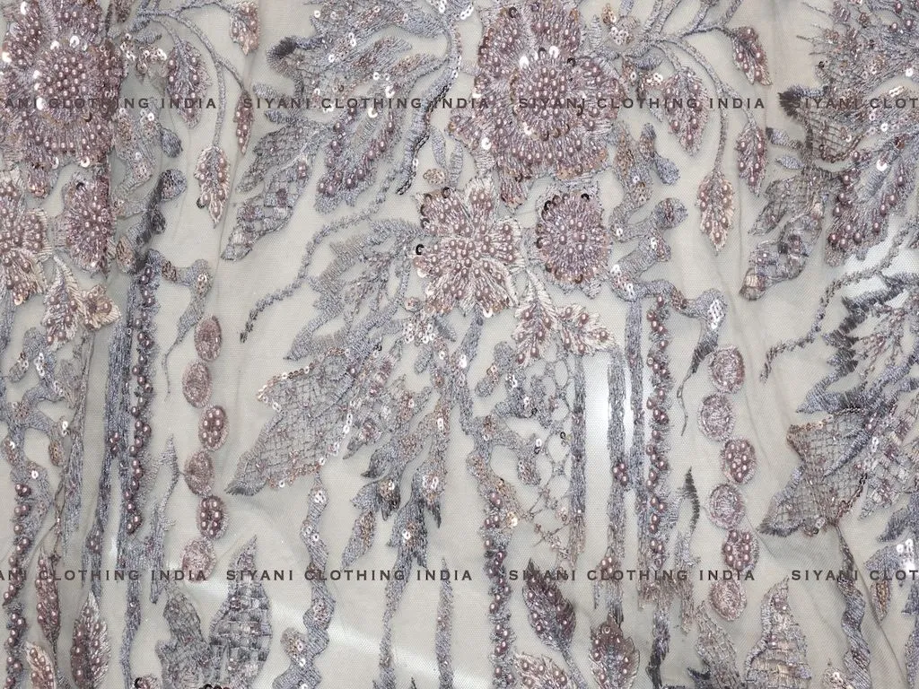 Grey Hand Embroidered Net Fabric