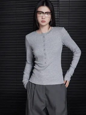 Grey Henley Neck Tops BDHL6359