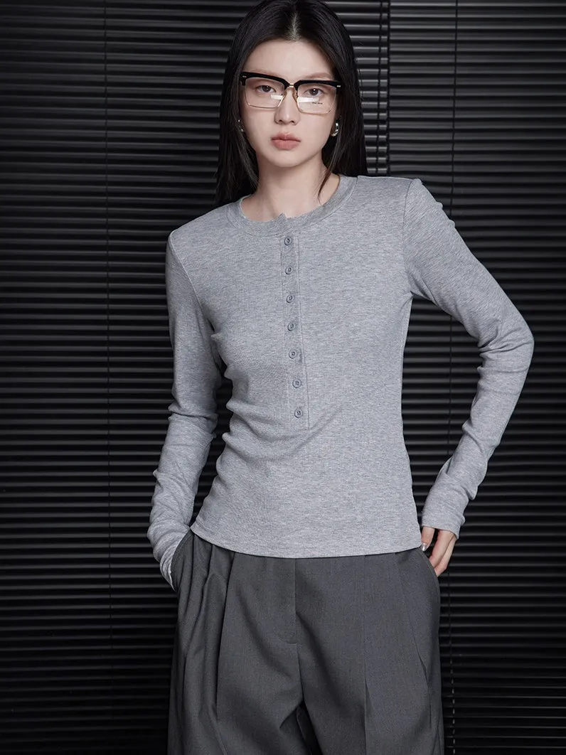 Grey Henley Neck Tops BDHL6359