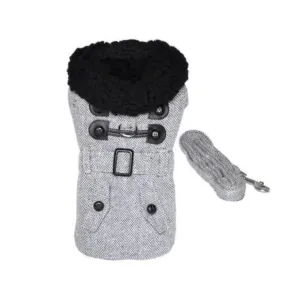 Grey Herringbone Dog Coat with Leash