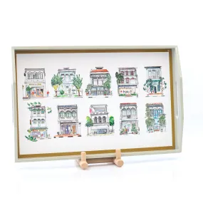 Grey Lacquer Tray - Pastel Shophouses