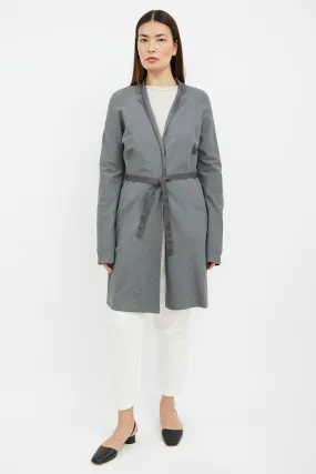 Grey Silk Collar Belted Coat