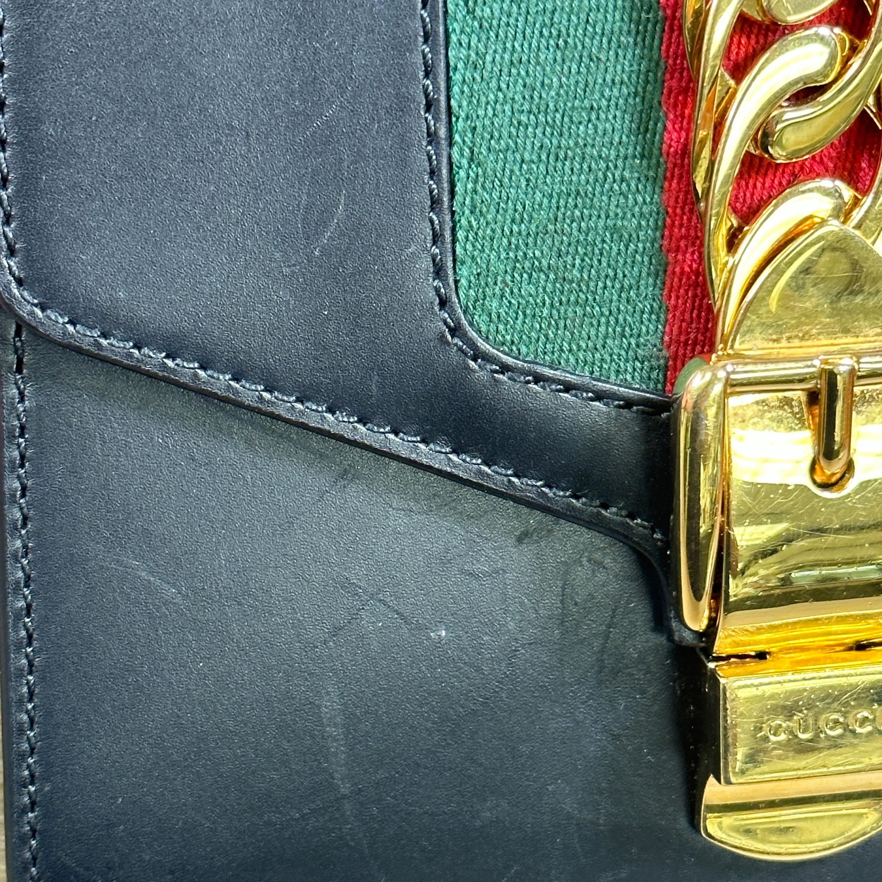 Gucci Black Leather Web Sylvie Chain Bag Mini - Black