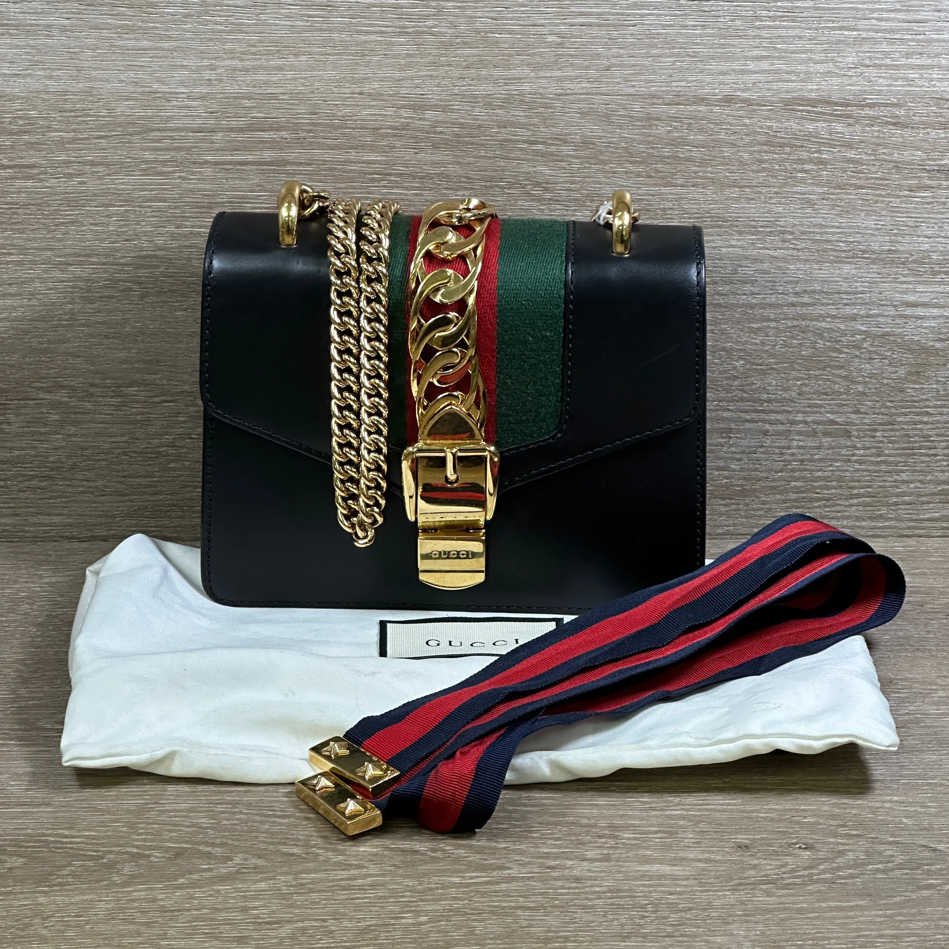 Gucci Black Leather Web Sylvie Chain Bag Mini - Black