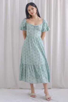 Guinevere Eyelet Tie Front Midi Dress In Seafoam
