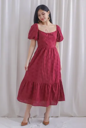 Guinevere Eyelet Tie Front Midi Dress In Wine Red