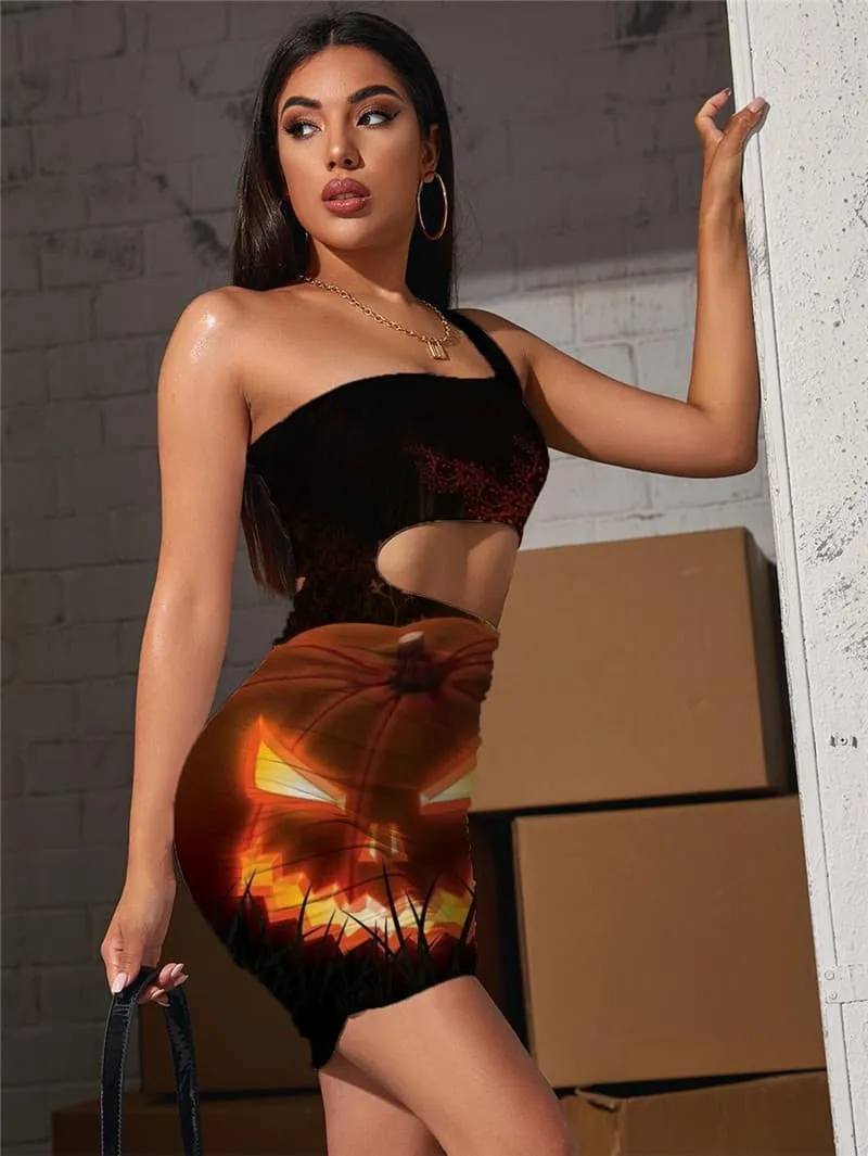Halloween Dresses Women Pumpkin Hollow out Dresses Tree Pleating Jesus 3d Print