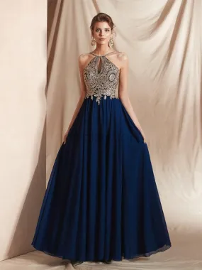 Halter A-line Top Lace with Bead Modest Unique Long Prom Dresses Oline, Evening Dresses LMX1146