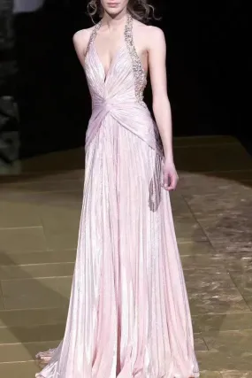 Halter Beaded Shemmering A-line Prom Dresses, Deep V-neck Prom Dresses, 2024 Prom Dresses