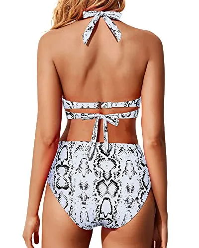 Halter Top Swimsuit With Ruched Tummy Control High Waisted Bikini Set-Snake Print