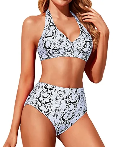 Halter Top Swimsuit With Ruched Tummy Control High Waisted Bikini Set-Snake Print