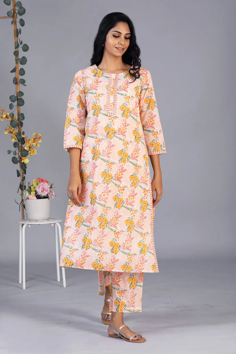 Hand block printed orange kurti and pants set