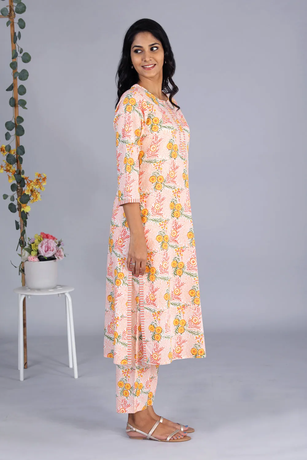Hand block printed orange kurti and pants set