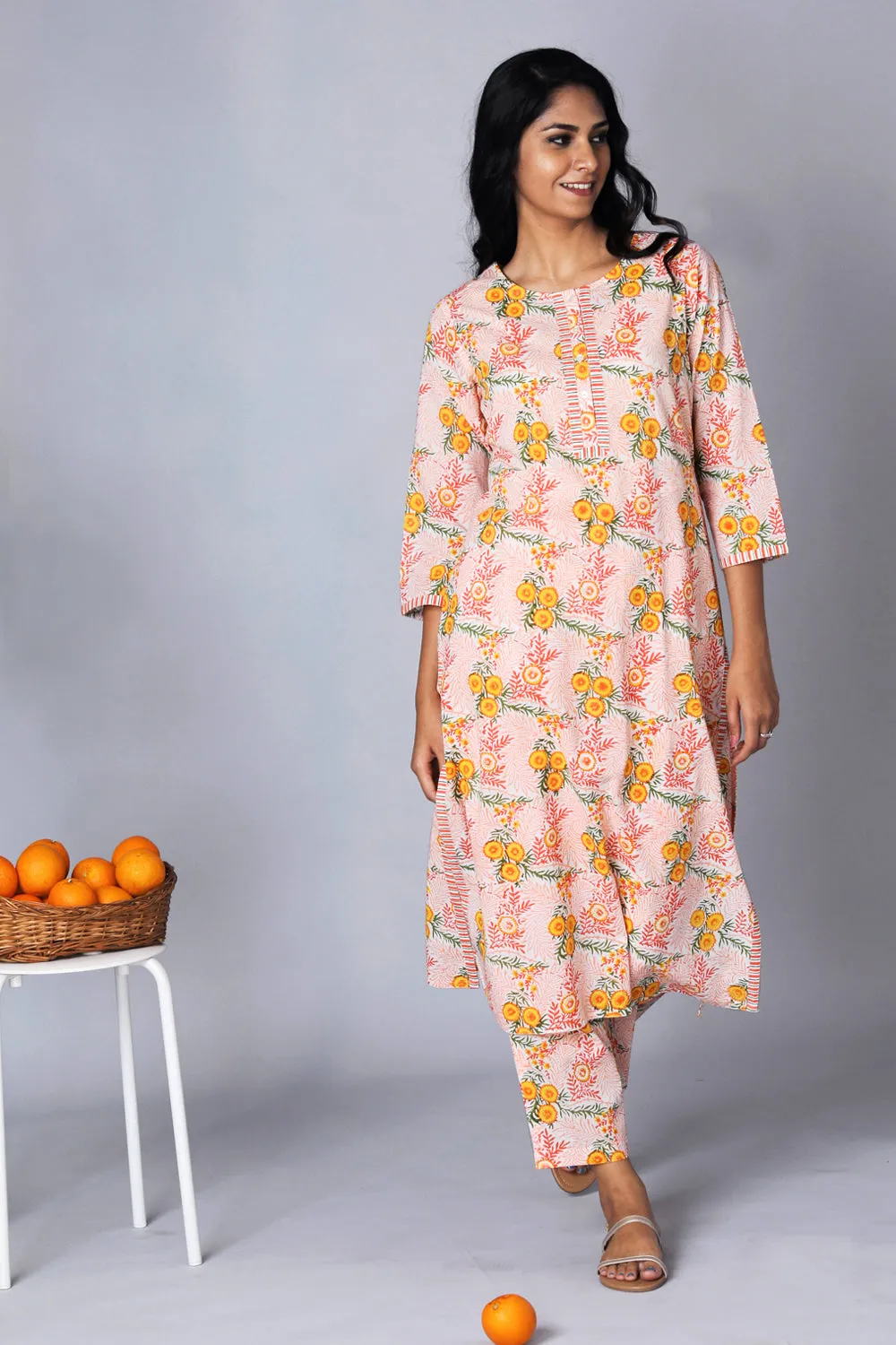 Hand block printed orange kurti and pants set