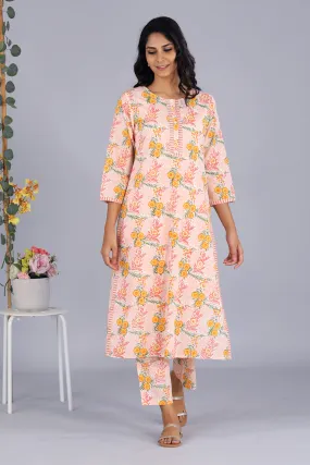 Hand block printed orange kurti and pants set