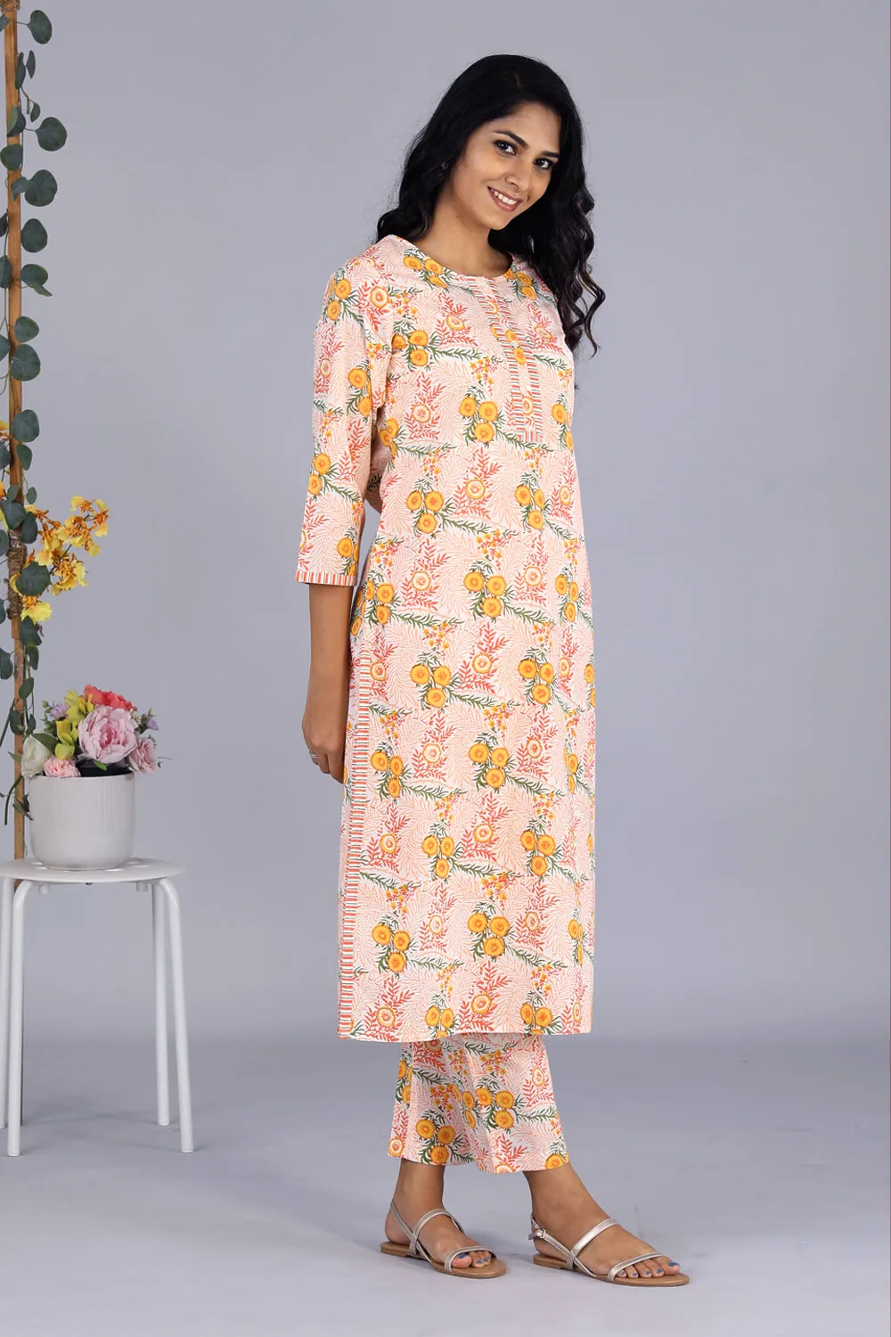 Hand block printed orange kurti and pants set