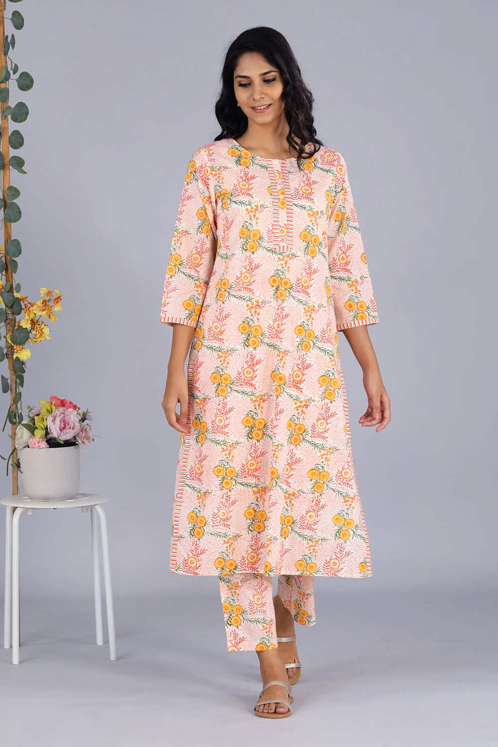 Hand block printed orange kurti and pants set