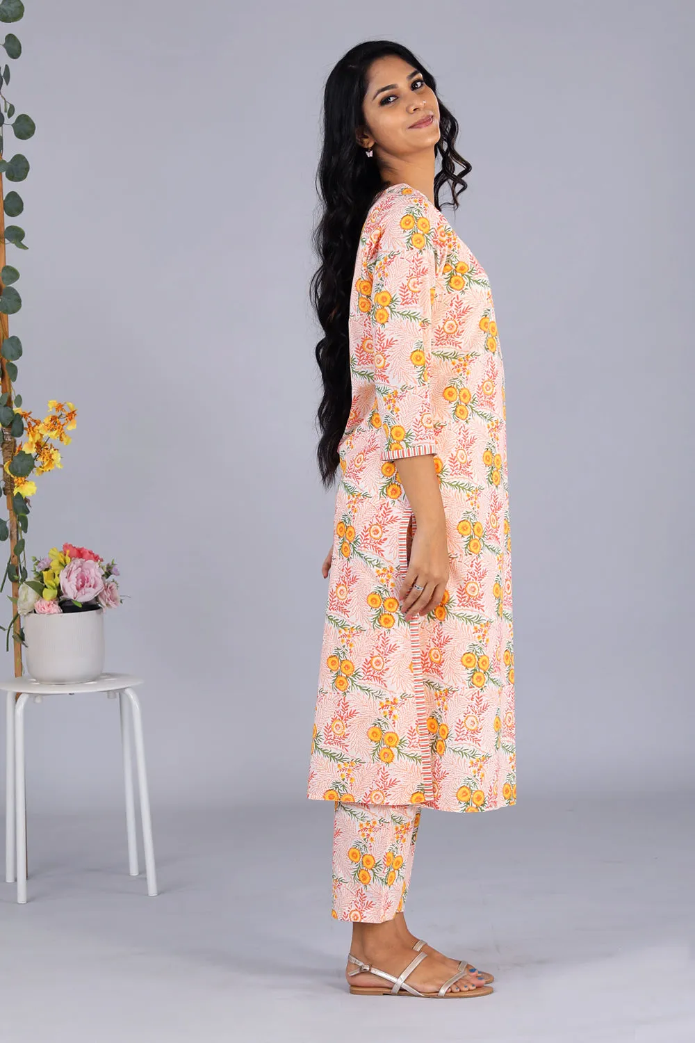 Hand block printed orange kurti and pants set