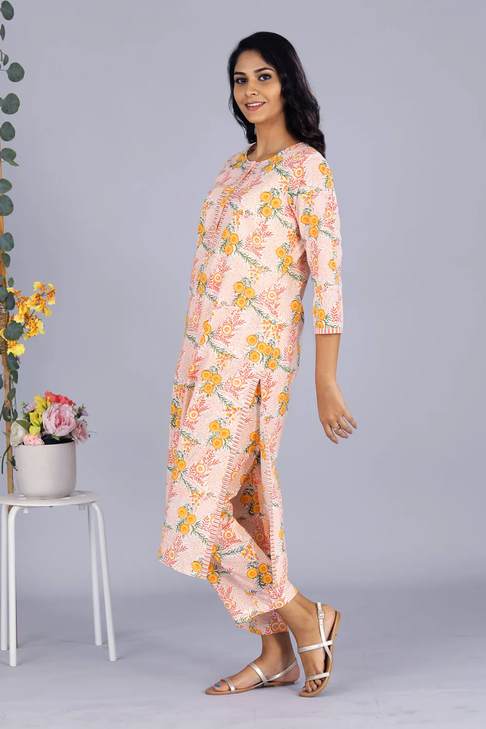 Hand block printed orange kurti and pants set