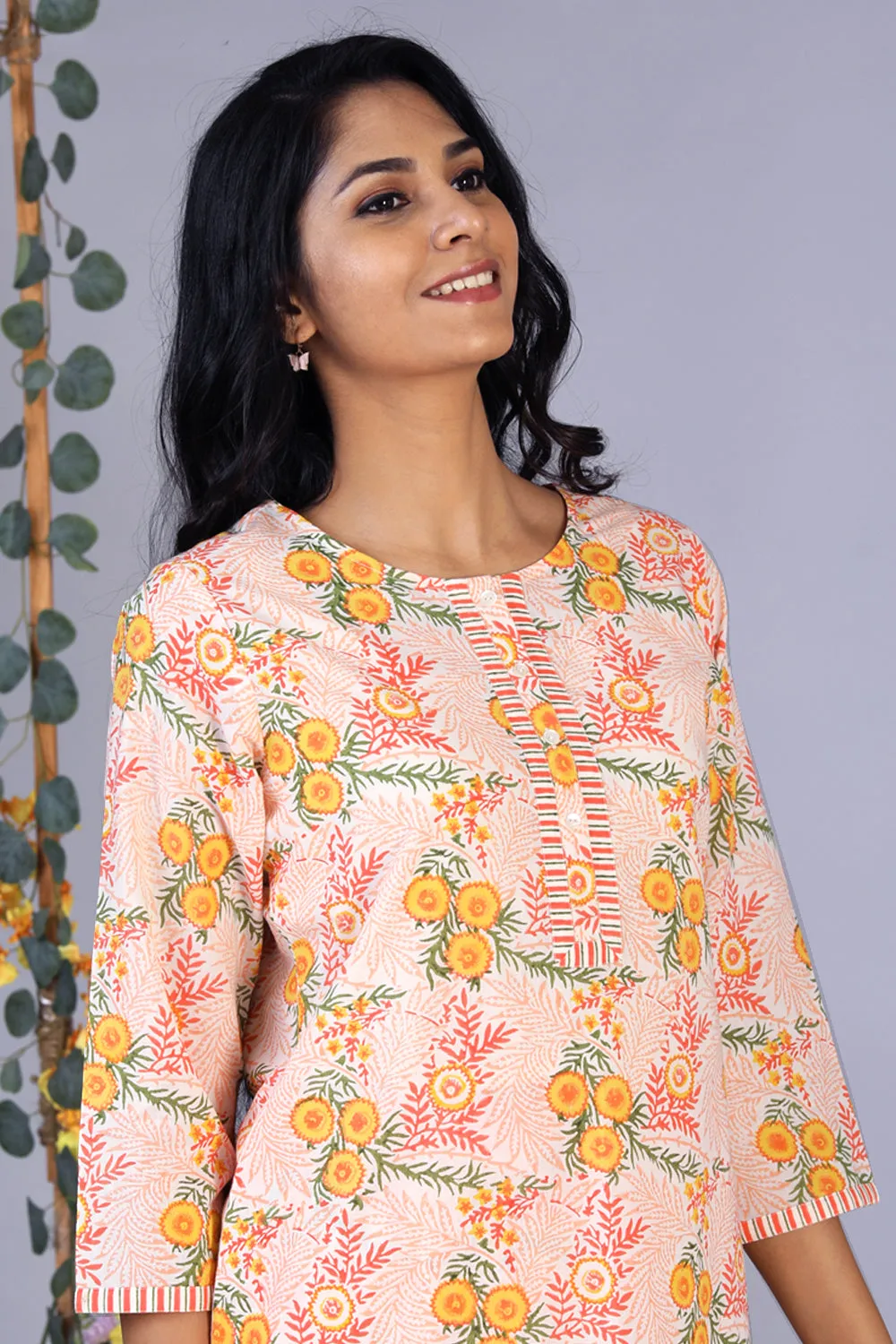 Hand block printed orange kurti and pants set