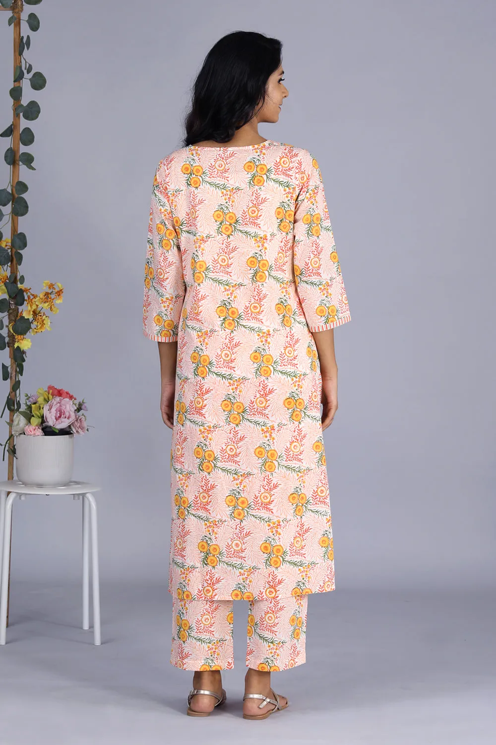 Hand block printed orange kurti and pants set