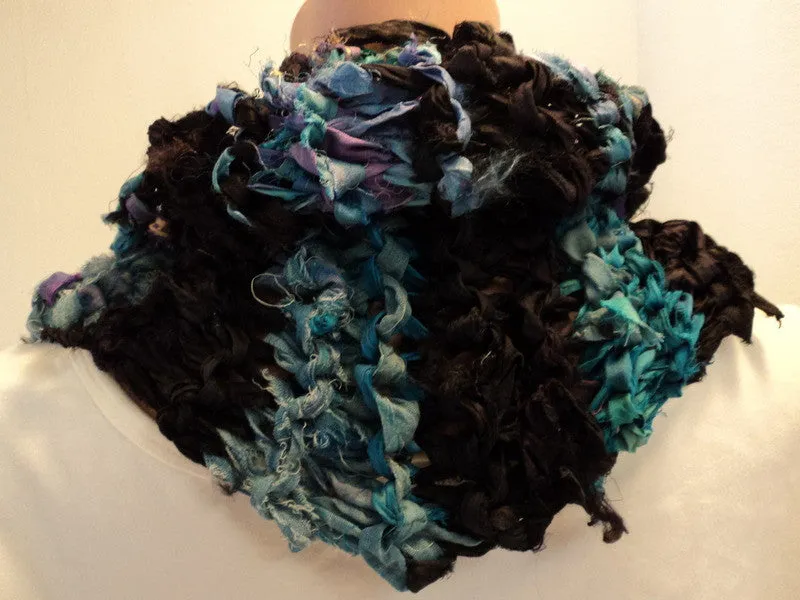 Handcrafted Wrap Cowl Blue Black Recycled Silk Ribbon Female Striped -- New No Tags